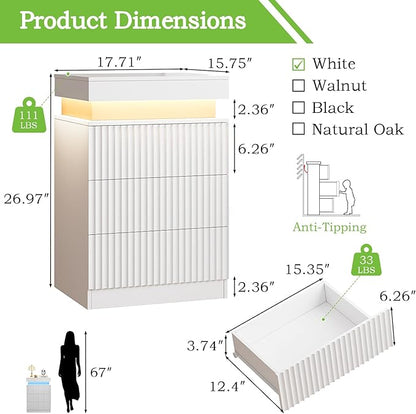 Nightstands Set of 2 with Charging Station & LED Lights, Modern Small Fluted Bedside & End Tables with 3 Drawers, Sliding Top & Hidden Storage, Wooden Farmhouse Night Stand for Bedroom Office,White