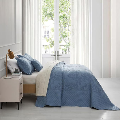 CHIXIN Oversized Bedspread Coverlet Set King Size - Lightweight Bedding Cover - Beautiful Stitching - 5 Piece Reversible Bedspread - Luxury Damask Paisley Pattern (King, Ashley Blue)