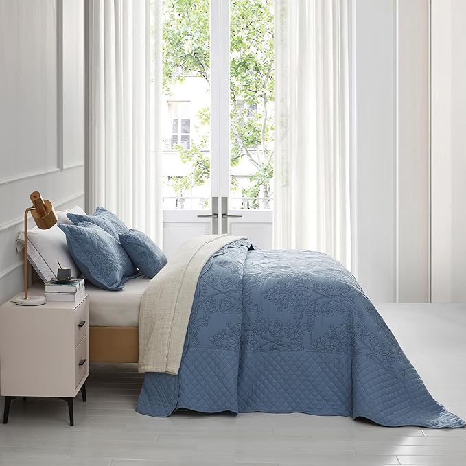 CHIXIN Bedspread Coverlet Set Queen Size - Lightweight Bedding Cover - Beautiful Stitching - 5 Piece Reversible Bedspread - Luxury Damask Paisley Pattern (Queen, Ashley Blue)
