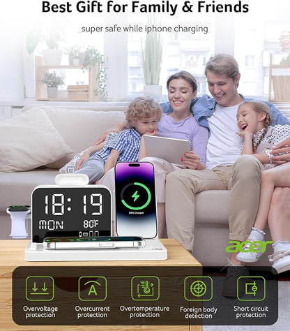 Acer 7-in-1 Wireless Charging Station with LED Clock - 30W Fast Wireless Charger for iPhone 16/15/14/13/12/Pro Max, Apple Watch, AirPods - Bluetooth Auto Time Sync & Night Lights (White)