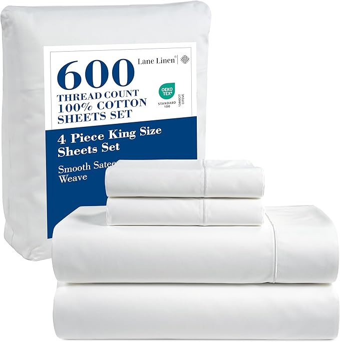 LANE LINEN King Size Sheets Set – 600 Thread Count Long-Staple 100% Cotton Sheets, Naturally Cool & Durable for Everyday Use, 15" Deep Pocket Fitted Sheet with All-Around Elastic for Snug Fit – White
