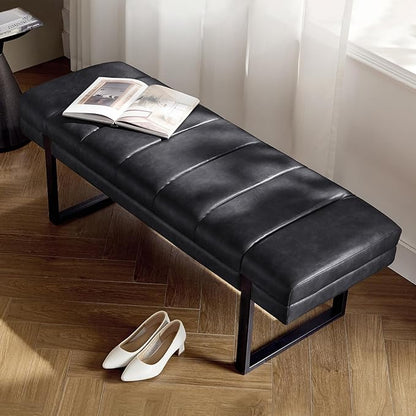 HULALA HOME 53" Faux Leather Entryway Bench, Button Tufted End of Bed Bench Ottoman for Bedroom, Living Room with Metal Base,Black