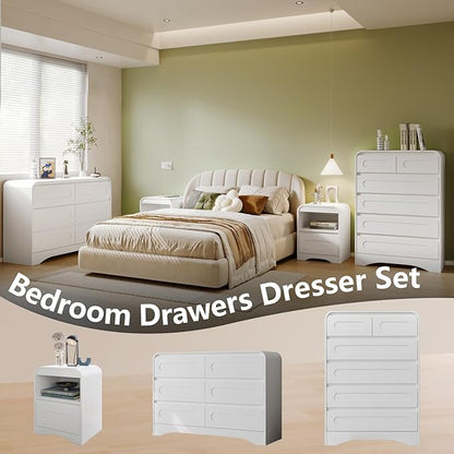 Dresser for Bedroom with 6 Drawers, 44" Tall Modern Dressers & Chest of Drawers with Curved Profile Design, Wood Closet Clothes Storage Dressers Organizer for Bedroom Living Room Hallway, White