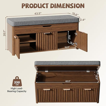Shoe Bench with Storage - Lift Top Entryway Bench with Hidden Storage, Shoe Rack with Adjustable Shelves and Cushioned Seat, Wooden End of Bed Bench for Bedroom, Living Room and Hallway,Walnut