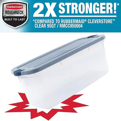 Rubbermaid Roughneck Clear 95 Qt/23.75 Gal Storage Containers, Pack of 4 with Latching Grey Lids, Visible Base, Sturdy and Stackable, Great for Storage and Organization
