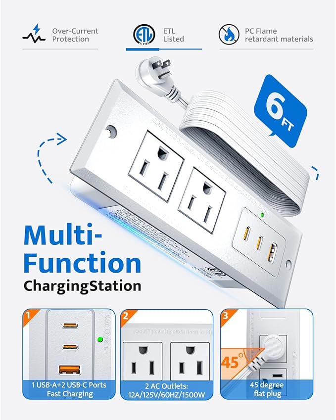Recessed Power Strip with 20W USB C Port, Fast Charging USB A Port Conference Recessed Outlet, Space-Saver for Furniture Side Table, End Table, Desk Outlet with 6ft Cord, 45° Thin Flat Plug, White