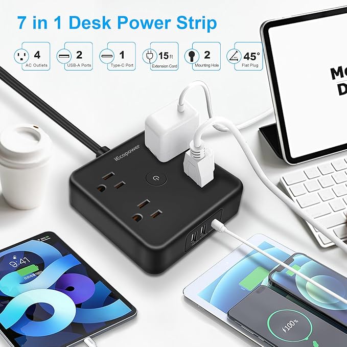 Surge Protector Power Strip 15 ft Cord,Long Power Strip with 4 Widely Outlets, Thin Extension Cord with 3 USB Ports(1 USB C Port),Slim Desk Charging Station,Black(2 Pack)