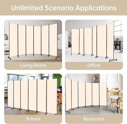 Room Divider Folding Privacy Screens with Wheels, 6FT Tall Divider for Room Separation, Movable Room Partitons and Dividers, Indoor Room Dividers Panel with Fabric (Beige, 6 Panel-132‘’-Wheels)