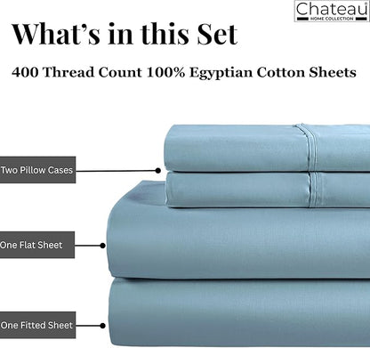 100% Egyptian Cotton Sheets For Queen Size Bed, Certified 400 Tc Deep Pocket Queen Sheet Set, 4 Piece Elasticated Sheet & Pillowcase Sets, No Pill Soft Comfy Naturally Cool & Breathable- French Blue