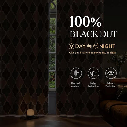 Beauoop 100% Blackout Curtains 63 Inches Long 2 Panels for Bedroom Living Room Brown Grey Moroccan Geo Room Darkening Thermal Insulated Soundproof Grommet Top Window Treatments Drapes, 50x63 Set of 2