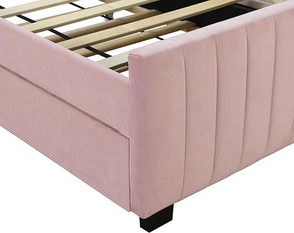 Twin Size Bed Frame with Trundle Bed,Velvet Upholstered Bed Frame,Twin Size Trundle Bed with Headboard,Upholstered Platform Bed Twin for Kids Teens Adults(Pink)