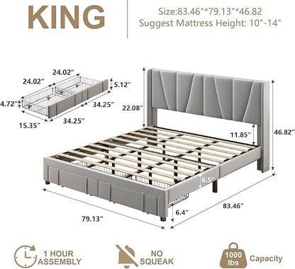 King Bed Frame with Storage Drawers, Upholstered King Size Platform Bed with 47" Tall Headboard and Wingboard, No Box Spring Needed, NO Noise, Easy Assembly, Wooden Support Slats,Light Grey