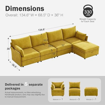 ABCASA 134.6" Luxury Modular Sectional Convertible Sofa with Storage Ottoman, L-Shape 5-Seat Oversized Comfy Couch Deep Seat with Reversible Chaise - Chenille Yellow