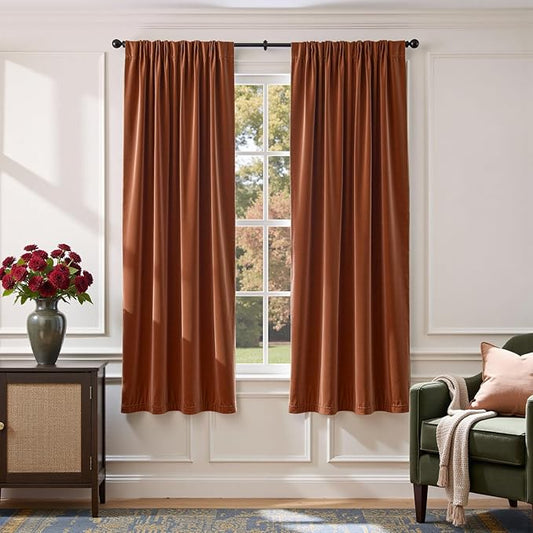 Lazzzy Velvet Blackout Curtains Thermal Insulated Room Window Drapes Super Soft Luxury Curtains for Living Room Bedroom Rod Pocket 2 Panels, Burnt Orange, 52" W x 72" L