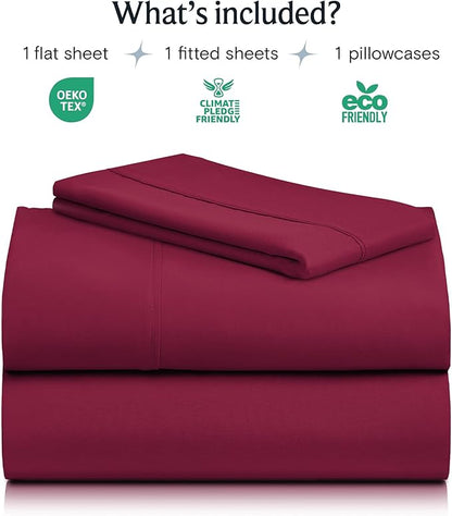 LuxClub 3 PC Twin XL Sheet Set, Deep Pockets Wrinkle Free Cooling Bed Sheets Hotel Bedding for Women, Men, Kids & Teens, Includes 1 Fitted Sheet, 1 Flat Sheet and 1 Pillowcase-Silky Soft Burgundy