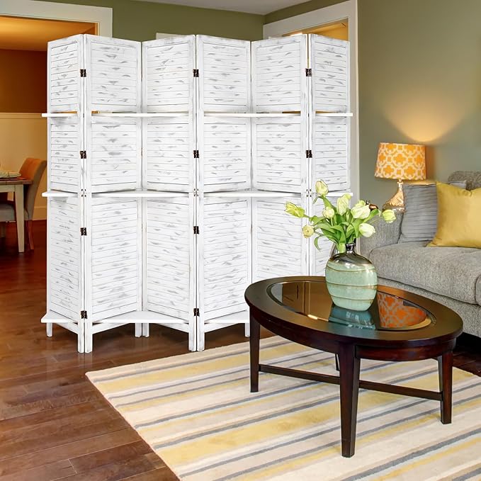 Bonnlo 6 Panels Wood Room Divider with Shelves, 6 FT Height Folding Privacy Screens, Indoor Freestanding Room Partition Wall Divider, Hinged Space Separator (Grey, 6 Panel)