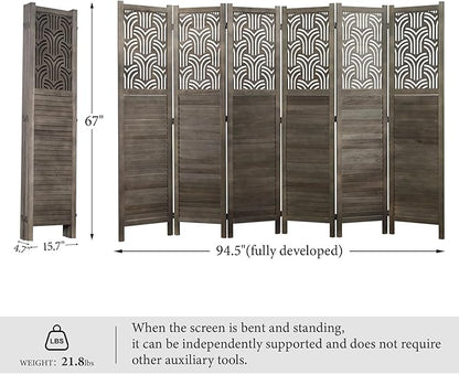 Svimi Folding Room Divider, 66.9 Inch 6 Panels Wood Carved Privacy Screens, Free Assembled Freestanding Portable Separation Wall for Home Office Restaurant Bedroom (Gray)