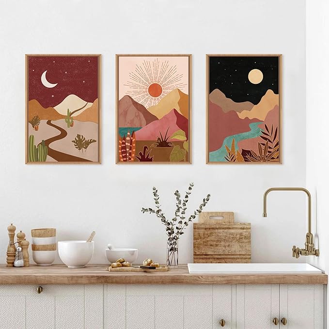 LHIUEM Large Boho Southwest Mountain Framed Canvas Wall Art,Abstract Desert Colorful Wall Decor,Nature Moon and Sun Wall Painting,Bohemian Artwork for Living Room,Bedroom,Dining Room,Office -24"x36"x3