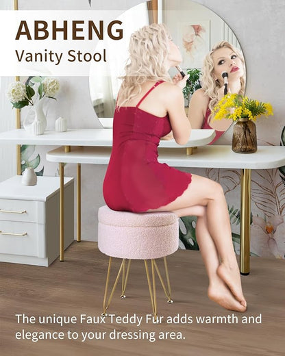 ABHENG Storage Ottoman Round Footrest Stool, Vanity Stool Chair Faux Teddy Fur with Storage, Pouf Couch Stool, Dressing Table Seat, Modern Multifunctional Chairs, 12.6"x12.6"x17.4" Jelly Pink UASND51P