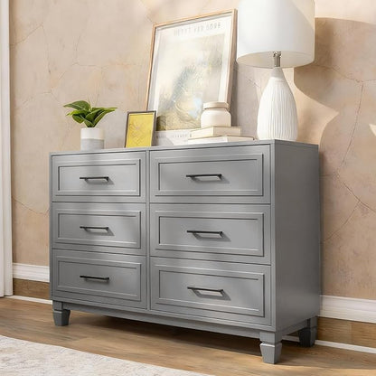 Farmhouse Dresser for Bedroom, 6 Drawer Dresser with Unique Solid Wood Legs, Modern Wide Chest Dressers for Clothes, Closet, Living Room, Grey