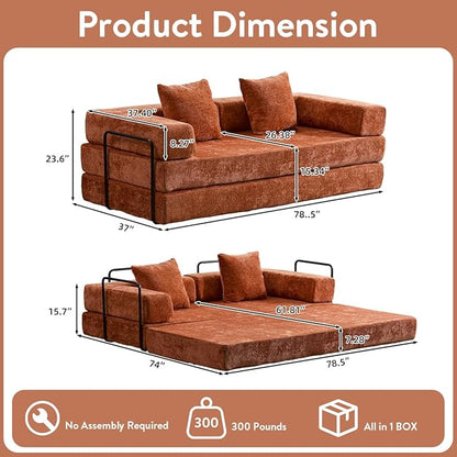4-in-1 Convertible Folding Sleeper Sofa Bed, Fold Out Floor Sofa Couch with Fixed-Shape Frame, Cloud Corduroy Foldable Mattress Couch for Living Room Bedroom (78.5" Chenille, Orange)