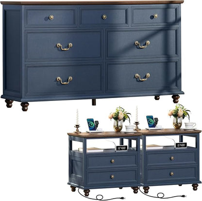 Farmhouse Furniture Set, Nightstands Set of 2 and 7 Drawers Dresser for Bedroom, 54 Inch Wide Wood Dresser and 24" Night Stands with Charging Station for Bedroom, Living Room, Hallway