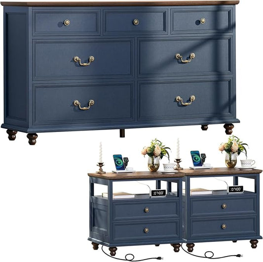 Farmhouse Furniture Set, Nightstands Set of 2 and 7 Drawers Dresser for Bedroom, 54 Inch Wide Wood Dresser and 24" Night Stands with Charging Station for Bedroom, Living Room, Hallway