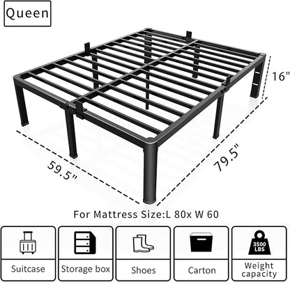 ROIL 16 Inch Queen Bed Frame with Rounded Corner and Headboard Hole Mattress Retainers 3500LBS Metal Heavy Duty Steel Slats No Box Spring Needed Platform Noise-Free Easy Assembly