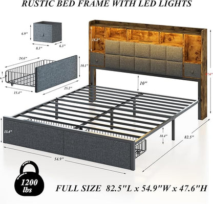 LED Bed Frame Full Size with Bookshelf Headboard, 2 Hidden Storage Drawers, Upholstered Platform Metal Bed Frame with Charging Station, Metal Slats Support, Noise Free, No Box Spring Needed