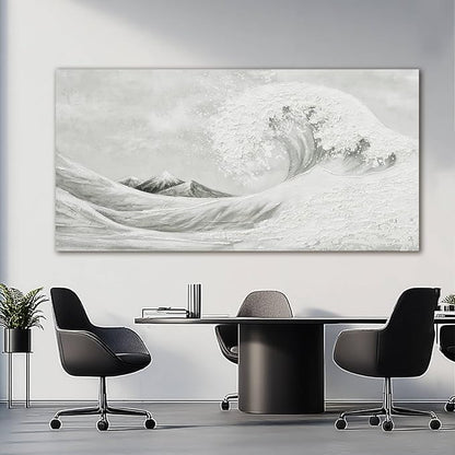 YETHEN WAL Neutral Grey Wave Wall Art – Textured Coastal Canvas Print with Hand-Painted Details, Minimalist Modern Seascape for Living Room Bedroom, 24×48 Inch
