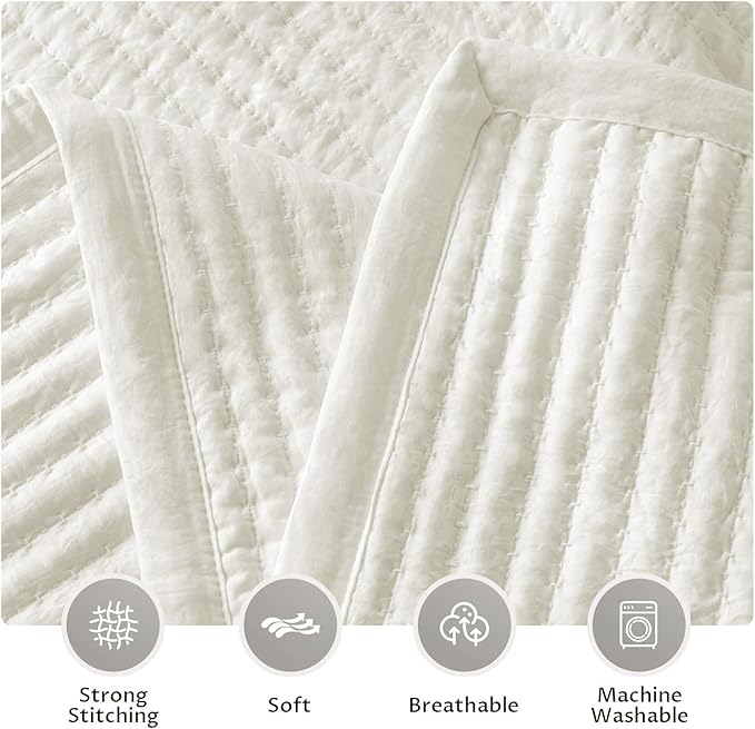 KASENTEX Oversized Queen Quilt Set 102"x106" – Soft Washed 3-Layer Lightweight Bedspread, Minimalist Nordic Design, All-Season Spring & Summer Quilt Set (1 Quilt + 2 Pillow Shams),Cream White