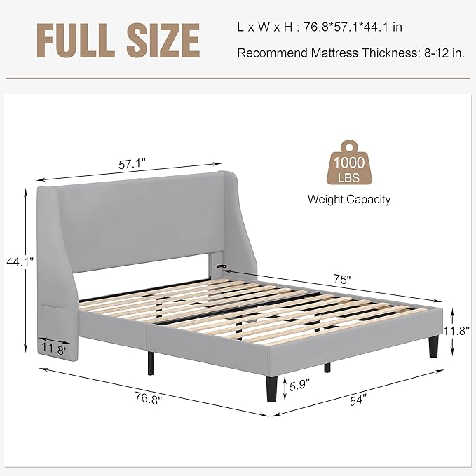VECELO Full Bed Frame with Upholstered Wingback Headboard, Heavy-Duty Platform Bedframe with Charging Station, Wooden Slats, No Box Spring Needed, Light Grey