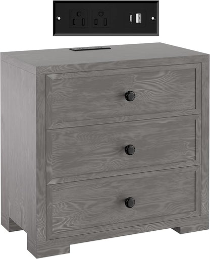 COWMOU Nightstand with Drawers 3 Drawer Night Stand with Charging Station Farmhouse Style Large Bed Side Table Wooden Dresser for Bedroom Living Room (1, Grey Grain)