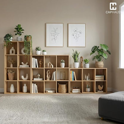 CAPHAUS Sturdy Room 11-Inch Cube Storage Organizer Shelf, with Thick Exterior Edge, Storage Shelf Divider w/Back, Bookcase, 6-Cube, Natural Oak