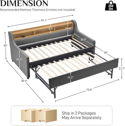 Twin Size Daybed with Pop Up Trundle Bed, Linen Upholstered Day Bed Frame with w/LED/USB/Type C/Storage Headboard, Twin to King Daybed for Living Room Bedroom, No Box Spring Needed, Dark Grey