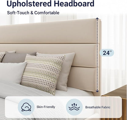 Allewie Queen Size Platform Bed Frame with Velvet Upholstered Headboard and Wooden Slats Support, Fully Upholstered Mattress Foundation/No Box Spring Needed/Easy Assembly, Cream