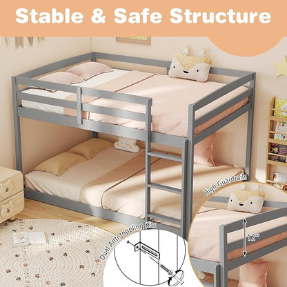 KOMFOTT Low Bunk Bed Full Over Full, Solid Wood Full Bed Frame with Built-in Ladder & Safety Guardrails, No Box Spring Needed, Space-Saving Low Bunk Bed for Kids & Teens