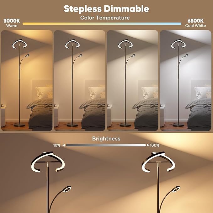 Upgraded RGBCW Floor Lamp with Reading Lamp, Rotatable Remote Control LED Standing Lamp Dimmable Floor Light Modern Standing Light for Living Room Bedroom Home Office, 36W, Black