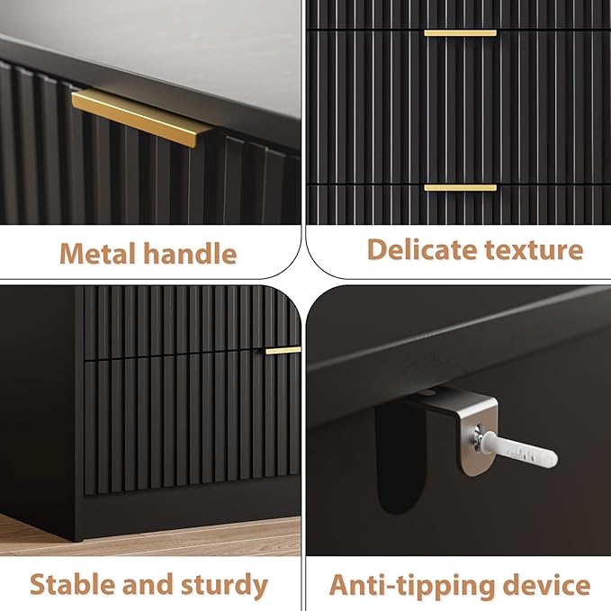 3-Piece Dresser Bedroom Set, 6 Drawer Dresser & 2 Drawer Nightstands with Gold Handles, Fluted Wood Chest of Drawers for Bedroom, Living Room, Entryway, Black