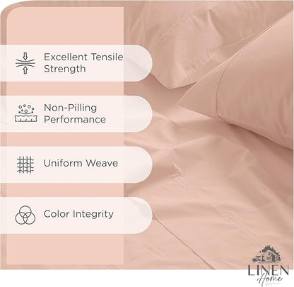Linen Home 100% Cotton Percale Sheets Queen Size, Brushed Rose, Deep Pocket, 4 Pieces Set - 1 Flat, 1 Deep Pocket Fitted Sheet and 2 Pillowcases, Crisp Cool and Strong Bed Linen