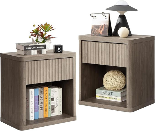 SICOTAS Night Stand Set of 2 Nightstands with Drawer Storage Fluted Bed Side Table End Table Large Modern Wide Bedside Stand Mid Century Night Stands for Bedroom Living Room Sofa Office, Grey Alder