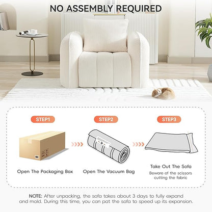 Oversized Boneless Corduroy Accent Chair, Comfy Deep Seat Armchair for Bedroom, Modern Upholstered Living Room Sofa Chair with Pillow, No Assembly, White