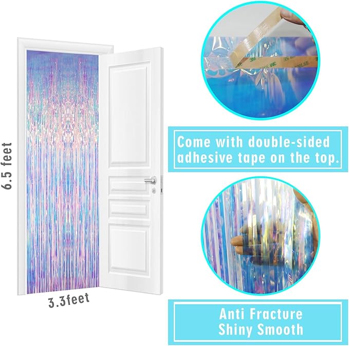 GOER 3.2 ft x 6.5 ft Metallic Tinsel Foil Fringe Curtains Party Photo Backdrop Party Streamers for Mermaid Birthday Party Decorations(1 Pack,Iridescent)