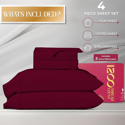 Mayfair Linen 100% Egyptian Cotton Sheets King Size - Luxury 1200 High Thread Count Egyptian Cotton King Size Sheets Set (4 PC, Burgundy), Soft, Cooling, 17" Deep Pocket Sateen Weave Hotel Bedding