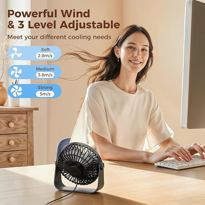 TriPole USB Desk Fan Portable Mini Fan Powerful 3 Speeds Wind Personal Desktop Fan with 360° Head Rotation for Home Office Car Indoor Outdoor Black, No Battery, 4.5 Inches