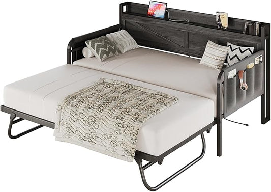 LIKIMIO Twin Daybed with Trundle Bed, Storage Headboard with Charging Station, Sofa Day Bed with Strong Supports for Living Room, Bedroom, and Guest Room, Charcoal Grey