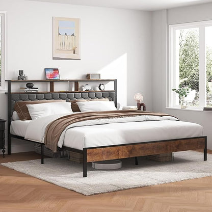 King Size Bed Frame with Storage Headboard & Charging Station, Platform Bedframe with LED Lights, Upholstered Headboard, Metal Slat Support, No Box Spring Needed