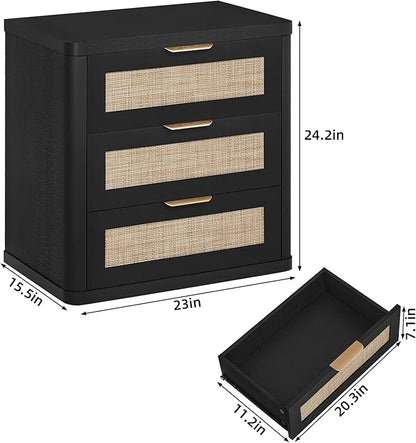 LEYAOYAO Rattan Night Stand with Drawers, 23" Large 3 Drawer Boho Nightstand, Black Bedside Table Storage Cabinet, Bed Side End Tables Dresser for Bedroom, Living Room, Hallway, Closet