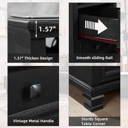 SAVOR LIFE Farmhouse Nightstand Set of 2 with Charging Station, Rustic Black Nightstand,2 Drawers End Table for Living Room,Bedside Table with Open Shelf for Bed Room,Black
