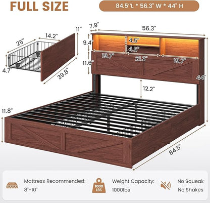 VIAGDO Farmhouse Bed Frame Full Size with Bookcase Storage Headboard, Charging Station and LED Lights, Wooden Full Bed Frame with 4 Drawers, Barn Door Design, No Box Spring Needed, Reddish Brown